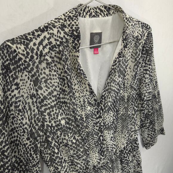 Vince Camuto Dress Womens 4 Gray Geometric Ruched Waist Tie Front Button Lined - Picture 6 of 13